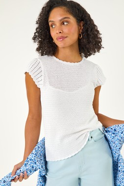 Roman White Crochet Broiderie Knit Top