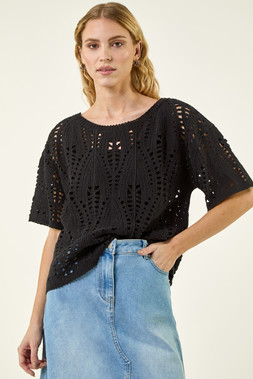 Roman Black Crochet Detail Knit Top