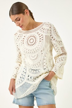 Roman Ivory Longline Crochet Knit Tunic