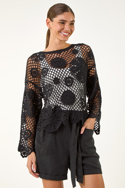 Roman Black Floral Open Crochet Knit Tunic