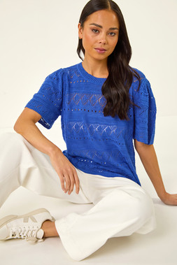 Petite Blue Pointelle Knit Top