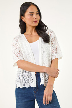 Roman Petite White Pointelle Open Cardigan