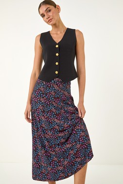 Roman Purple Ditsy Floral Print Midi Skirt