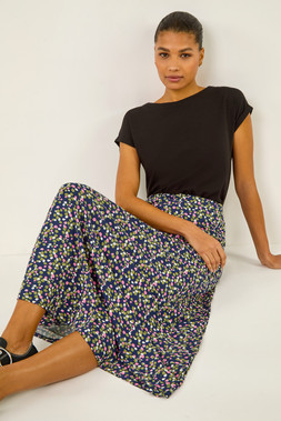 Roman Navy Leaf Print Stretch Midi Skirt