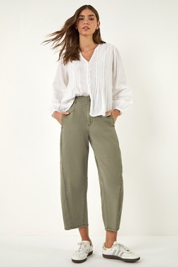 Roman Olive Cotton Stretch Barrel Leg Trouser