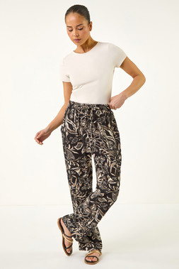 Roman Petite Black Floral Tapered Linen Mix Trousers