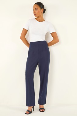 Roman Petite Navy Straight Leg Crepe Stretch Trouser