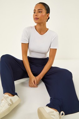Roman Petite Navy Shirred Wide Leg Stretch Trouser