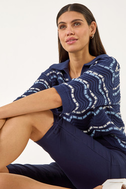 Roman Navy Tie Side Stretch Cropped Trousers