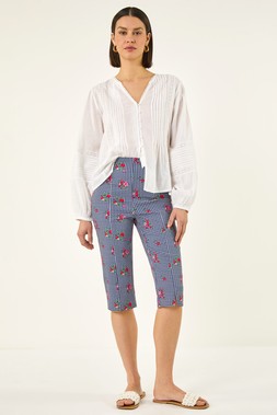 Roman Navy Floral Print Cropped Stretch Trouser