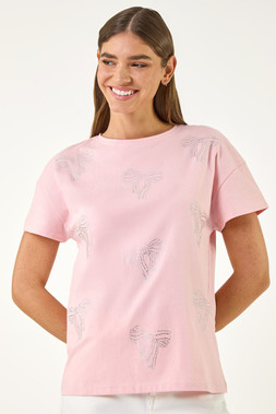 Roman Pink Floral Embellished Cotton T-Shirt