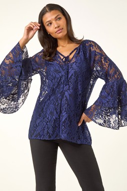 Roman Blue Tie Neck Lace Detail Top