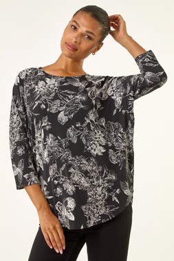 Roman Black Floral Puff Print Stretch Top