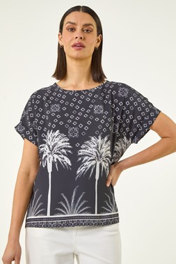 Roman Palm Print Jersey Back Top