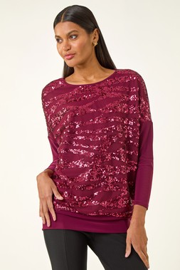Roman Burgundy Animal Print Sequin Mesh Top