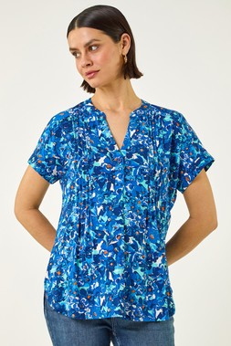 Roman Blue Floral Print Pintuck Stretch Shirt