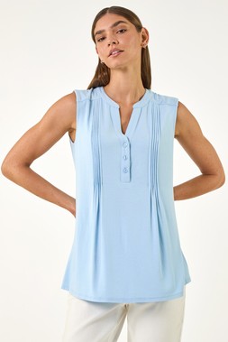 Roman sky blue Pintuck Notch Neck Top