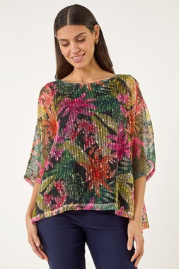 Floral Pink Print Mesh Overlay Top