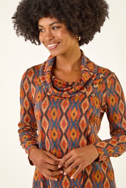 Roman Dark Orange Abstract Print Cowl Neck Top