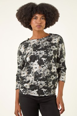 Roman Black Floral Print Snit Jersey Top