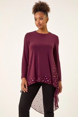 Roman Burgundy Foil Spot Print Chiffon Hem Top