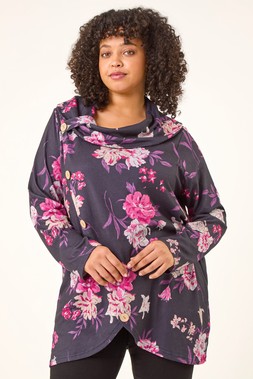 Roman Curve Pink Floral Print Cowl Stretch Top
