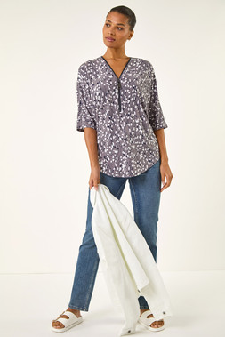 Roman Grey Printed Zip Front V-Neck Stretch Top