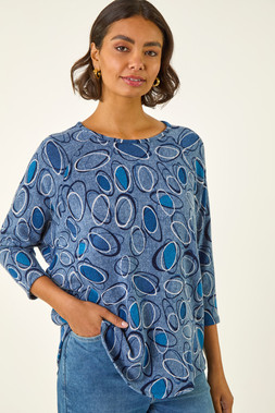Roman Blue Abstract Printed Raglan Top