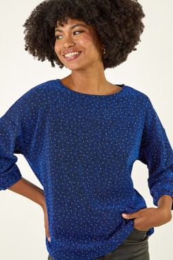 ROman Blue Metallic Textured Stretch Top