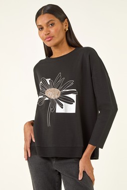 Roman Black Floral Print Stretch Top