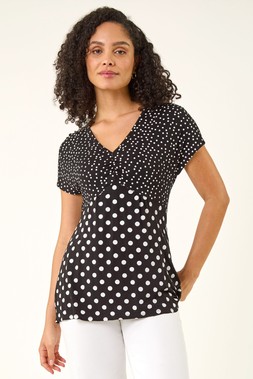 Roman Black Contrast Polka Dot Gathered Top