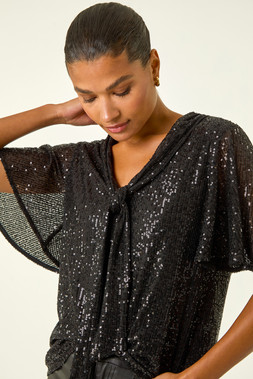 Roman Black Sequin Tie Neck Stretch Top