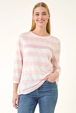 Roman Pink Embellished Stripe Stretch Top