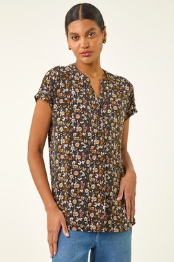 Roman Pink Floral Puff Print Notch Neck Top