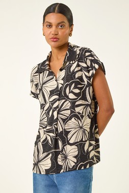 Roman Black Printed Broderie Collared Top