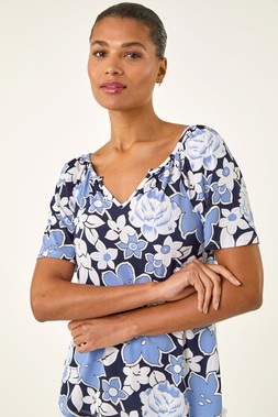Roman Blue Floral Puff Print V-Neck Top