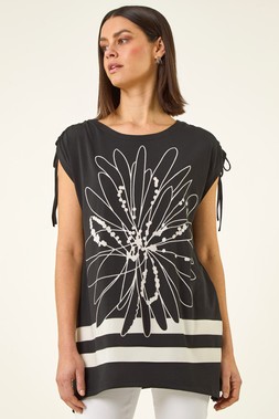 Roman Black Floral Print Stretch Tunic Top