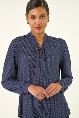 Roman Navy Polka Dot Tie Neck Top