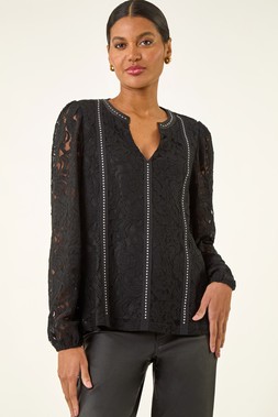 Roman Black Studded Lace Notch Neck Top