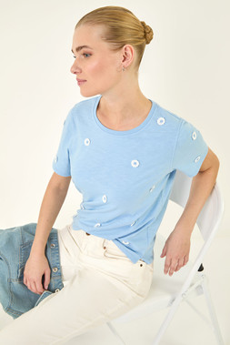 Roman Blue Textured Floral Stretch T-Shirt