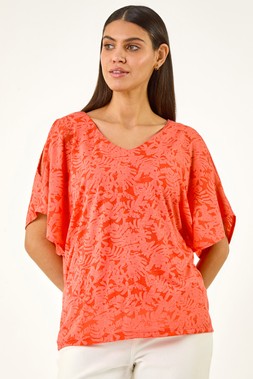 Roman Orange Burnout Print Jersey Stretch Top