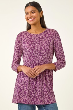 Roman Purple Leaf Print Gathered Tunic Top