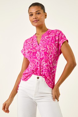 Roman Pink Floral Print V-Neck Top