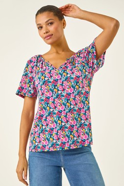 Roman Pink Floral Gathered V-Neck Stretch Top