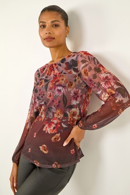 Roman Chocolate Floral Print Mesh Top