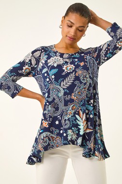 Roman Paisley Hanky Hem Stretch Tunic Top
