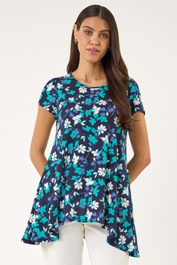 Roman Teal Floral Puff Print Hanky Hem Tunic Top