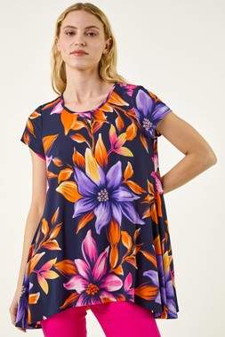 Roman Floral Print Hanky Hem Tunic Top