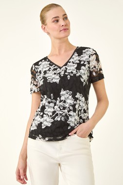 Roman Black Floral Lace V-Neck Top