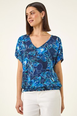 Roman Navy Floral Print V-Neck Stretch Top